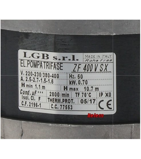 Pompe de cyclage LGB ZF400VSX lave-vaisselle Elettrobar 77553