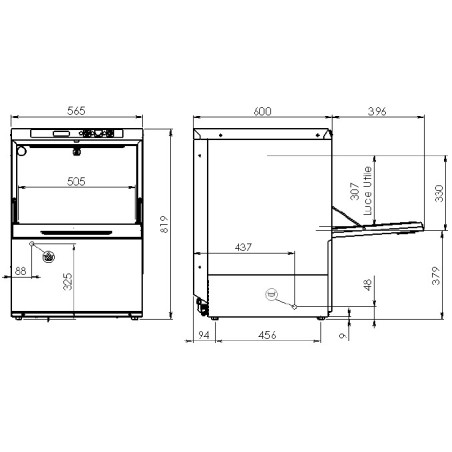 Dimensions du lave-vaisselle professionnel Elframo BE50 570 x 820 x 598 mm
