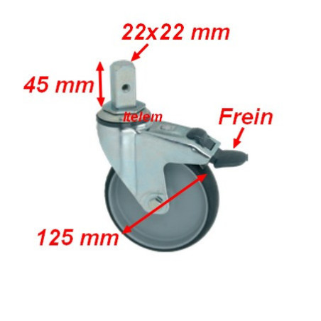 Roulette pivotante à goujon avec frein chariot de transport chariot de plateaux Dimension 22x22xh45 mm 146803