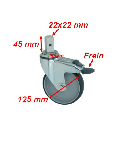 Roulette pivotante à goujon avec frein chariot de transport chariot de plateaux Dimension 22x22xh45 mm 146803