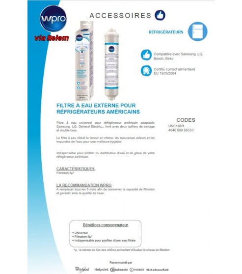 Filtre à eau Wpro réfrigérateur américain Whirlpool  USC100
